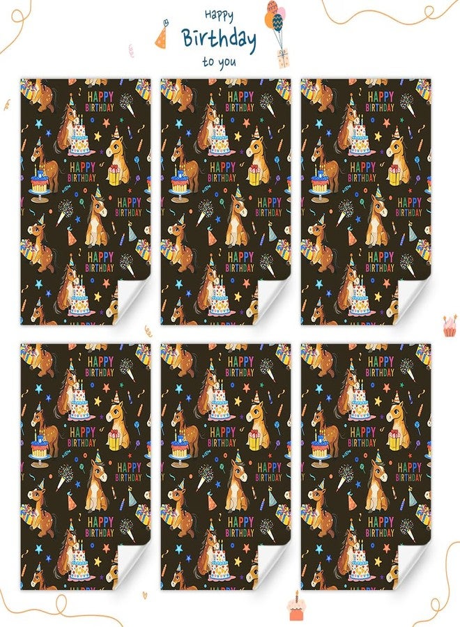 Geluode Horse Happy Birthday Wrapping Paper,Birthday Gift Wrap Black 6 Sheets,Little Brown Horse With Birthday Gifts and Hat Wrapping Paper 20x28Inch For Girls Boys Kids Birthday Farm Animal Party - Image 3